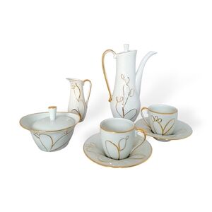 Naaman Israel Porcelain Coffee Set Gold Cactus Relief 7 Pc Vintage